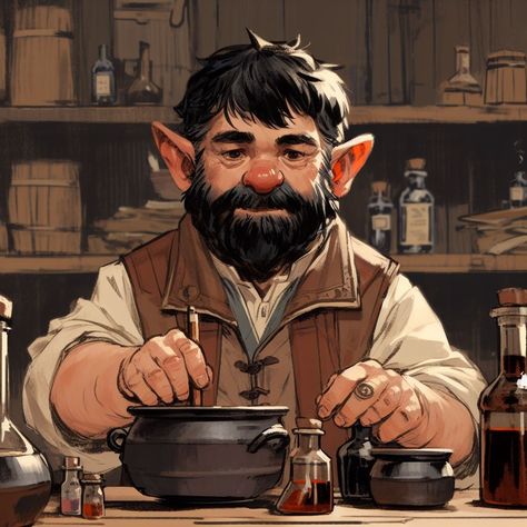 Tavern Keeper Character, Fantasy Shopkeeper, Shopkeeper Character Design, Dnd Bartender, Dnd Gnome Art, Dnd Halfling Male, Gnome Dnd Character Design, Fantasy Farmer, Gnome Alchemist