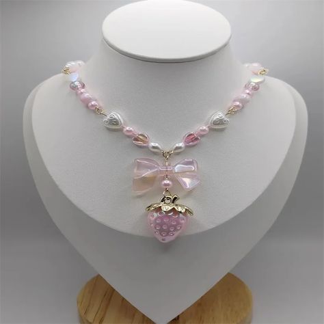 Coquette cottagecore strawberry bow necklace pearl fairycore heart pink white - AliExpress Cottagecore Strawberry, Embroidered Hair Bows, Strawberry Necklace, Crystal Heart Necklace, Coquette Cottagecore, Whimsical Jewelry, Bow Necklace, Necklace Pearl, Sweet Style