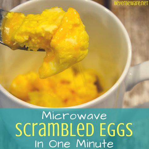 Microwave scrambled eggs in 1 minute is a perfect protein based breakfast for people needing a breakfast quick and on-the-go and also low-carb. Drop the eggs in a coffee mug and cook them in the mug to take with you when you leave to eat on the run. #Breakfast #QuickBreakfastIdeas #Eggs #microwave #Protein #LowCarb #Keto Microwaved Eggs Over Easy, Mug Eggs Microwave, Cook An Egg In The Microwave, Egg In Microwave, Cook Egg In Microwave, Scramble Eggs In Microwave, Scrambled Eggs In The Microwave, Eggs Microwave, Microwave Foods