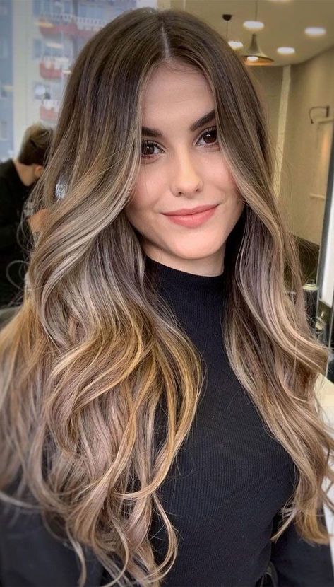 Fall Bayalage Light Brown, Cream Blonde Balayage On Dark Hair, Honey Blonde Balayage Brunettes Caramel Highlights Fall Hair, High Contrast Blonde Hair, Gold Balyage Long Hair, Brown Eyes Balayage Hair, Hair Colour For Autumn Skin Tone, Trendy Hair Colours 2023, Spring Highlights For Brunettes 2023