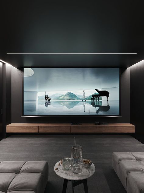 Classy Movie Theater Room, Cozy Home Theater Ideas, Dream Basement Ideas, Office Movie Room, Modern Theater Room, Home Theater Design Modern, Modern Media Room Design, Home Theater Screen, Cinema Room Decor