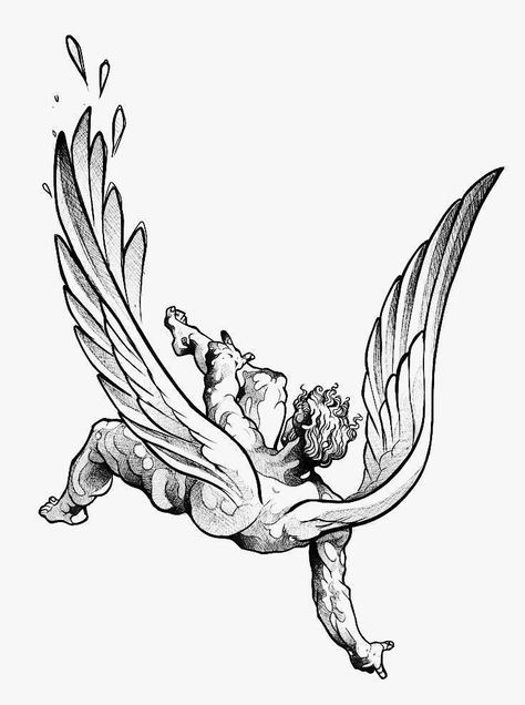 Lucifer Falling From Heaven, Lucifer Falling, Fallen Angel Drawing, Falling Angel Tattoo, Angel Falling, Icarus Art, Angel Outline, Skull Butterfly Tattoo, Fallen Angel Tattoo