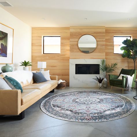 Round Rugs in Living Room, Dining and Bedroom | Ruggable Blog Round Rug Living Room Layout, Round Rug In Living Room, Rug In Living Room, Living Room Rug Placement, Round Rug Living Room, Round Carpet Living Room, Round Living Room, Rug Placement, Curved Furniture