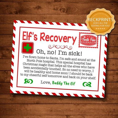 CafeMom.com : "I'll be back tomorrow" -- Elf : This 'Sick Day' Elf on the Shelf Card Is Perfect for Moms Who Need a Break -- An airmail letter from the North Pole ($3.94) explains why there is no Elf on a Shelf today. It's not that mom fell asleep before she could think of something clever to do with him. No! It's because "someone" accidentally touched him, which of course puts him right in the hospital. This is deliciously passive aggressive, and you should keep one in your back pocket to p... Elf After Being Touched, Elf Sick Day, Elf Has Been Touched, Elf Touched On The Shelf, Elf On The Shelf Sick, Elf Sick, Sick Time, North Pole Express, Elf On A Shelf