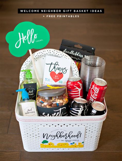 Welcome Neighbor Gift Basket with Free Printables Neighbor Gift Basket, Yankee Swap Gift Ideas, Welcome Neighbor, New Neighbor Gifts, Yankee Swap Gift, Yankee Swap, Neighborhood Gifts, Welcome Wagon, Welcome Basket