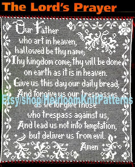 "* Instant Download Crochet Pattern PDF - 2700 * Offering a beautiful vintage filet crochet pattern - The Lords Prayer Wall Hanging. A wonderful heirloom to make for your family and friends. Size: 46'' x 43\" ( 117 x 109cm). Materials required: Bedspread Weight Cotton Thread/ size 10 and size 6/ 1.80mm steel crochet hook. US crochet terms used. YOU WILL RECEIVE A PDF file of the original vintage pattern. Not the finished item or the original paper pattern. You will receive an email from Etsy imm Filet Crochet Name Pattern, Vintage Filet Crochet, Baby Wrap Blanket, Fillet Crochet Patterns, Lords Prayer, Prayer Wall, Steel Crochet Hooks, Fillet Crochet, Wall Decor Vintage