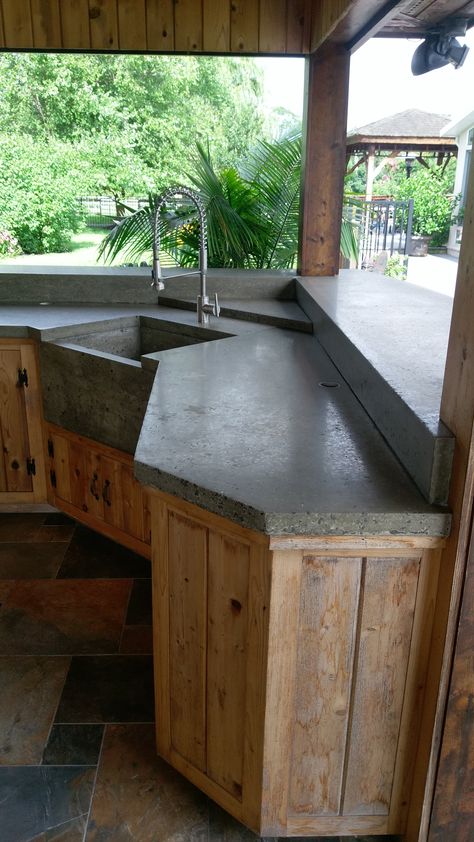 Cement Countertops Kitchen Wood Cabinets, Cast In Place Concrete Countertop, Quartz Outdoor Countertops, Concrete Sink Kitchen, Concrete And Wood Kitchen, Cedar Cabinets, Kitchen Concrete Counters, White Concrete Countertop, Concrete Kitchen Sink