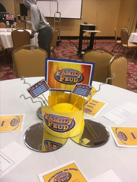 Family Feud Decorations, Trivia Night Centerpieces, Board Games Centerpieces, Game Show Party Ideas Decorations, Family Feud Party Decorations, Game Show Decorations, Game Centerpieces, Night Centerpieces, Surprise 50th