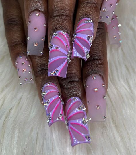 #nailinspiration #nailinspo #nailart #naildesign #nailinstagram #nailideas Butterfly And Rhinestone Nails, Butterfly Nail Charm Designs, Nail Extension Designs Butterfly, Butterfly Nail Gem, Butterfly Nail Charm Nails, Nailinspo Nailart, Inspo Instagram, Butterfly Nail, Acrylic Nails Coffin