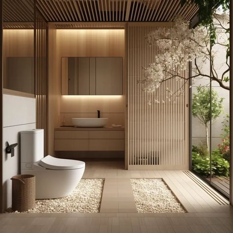 Toilet Japanese Style, Bathroom Japandi Design, Japandi Spa Design, Japandi Restroom, Japanese Scandinavian House, Japandi Toilet Design, Japandi Spa, Japanese Toilet Design, Luxury Japanese House