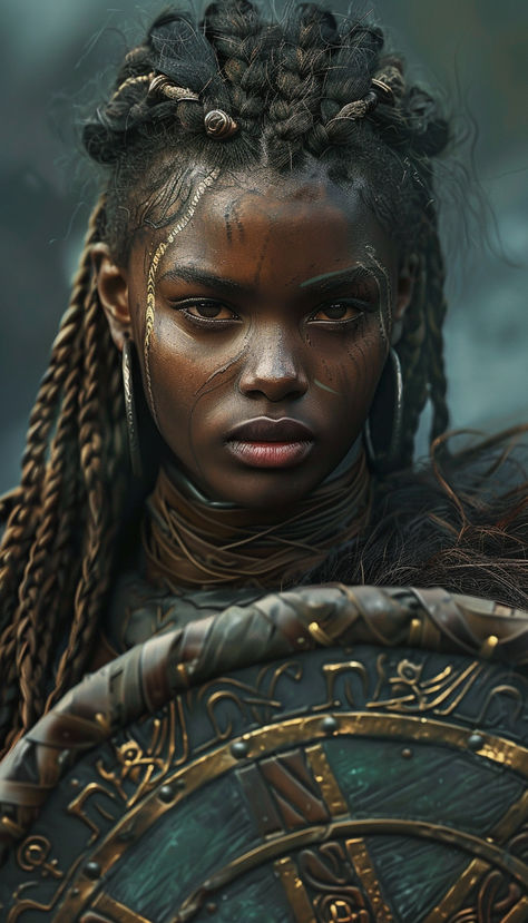 Warrior shield maiden with braids Viking Makeup Female Warrior, Black Woman Warrior, Black Female Warrior, Warrior Makeup, Mohawk Warrior, Viking Makeup, Viking Shield Maiden, Female Mohawk, Warrior Shield