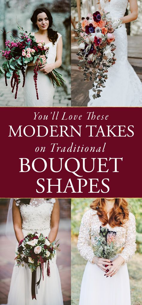 You'll Love These Modern Takes On Traditional Bouquet Shapes | Junebug Weddings Bouquet Wedding Shapes, Different Styles Of Bouquets, Wedding Bouquet Shapes Chart, Wedding Bouquets Shapes, Bridal Bouquet Styles Shape, Hand Tied Bouquet Wedding, Bouquet Styles Shape, Fall Wedding Bouquets September, Types Of Bouquets Shapes