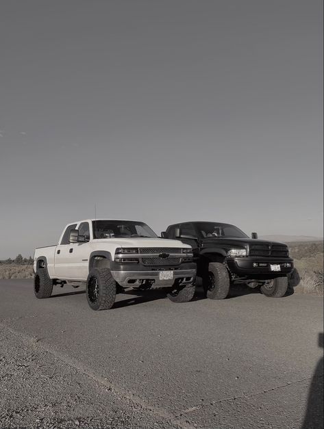 Matching Trucks Couples, Big Truck Aesthetic, Matching Trucks, Trucks Aesthetic, Offroad Outlaws, Muddy Trucks, Hoco Pictures, Country Trucks, Cummins Trucks