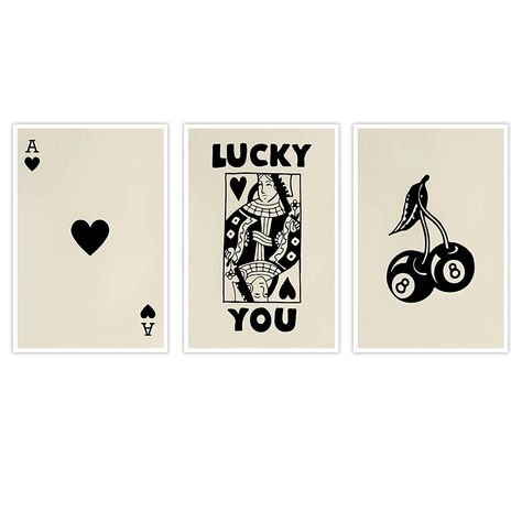 PRICES MAY VARY. 【Lucky You Poker Poster】Our 3 pieces funky black and white lucky you poker posters size is 16x24 inches (about 40x60cm). This funky vintage design adds a touch of preppy and girly charm to any room. Since no frame is included, 1 cm margin on each side for an easy DIY frame that perfectly matches your taste. 【Funky Room Decor Prints】Our black and white wall decor is crafted using only the finest high-end canvas, ensuring durability and a premium finish. We take pride in using env Lucky You Card Poster, Poker Poster, Matching Posters, Funky Room Decor, Funky Room, Girly Preppy, Poster Set Of 3, Black Canvas Art, Hearts Playing Cards