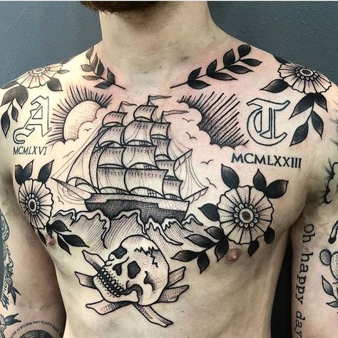 Traditional Back Tattoo, Traditional Chest Tattoo, Backpiece Tattoo, Diy Tattoo Permanent, Cuff Tattoo, Torso Tattoos, Traditional Tattoo Sleeve, Cool Chest Tattoos, Chest Tattoos