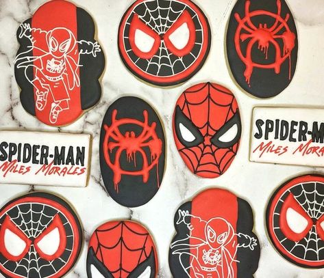 Spiderverse Cookies, Miles Morales Cookies, Spiderverse Birthday, Birthday Party Treats, Cookie Ideas, Miles Morales, Party Treats, 6th Birthday, Spider Verse