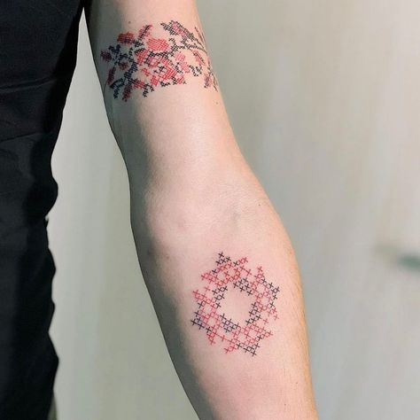 @mgorbatko on Instagram: “Тату @nika_tattoo” Slavic Embroidery Tattoo, Slavic Embroidery, Cross Stitch Tattoo, Ukrainian Tattoo, Ukrainian Culture, Hmong Embroidery, Embroidery Tattoo, Stitch Tattoo, A Tattoo