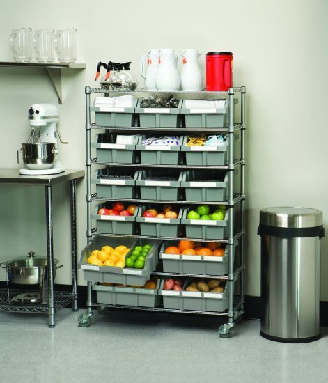 Commercial Kitchen Organization, Restaurant Kitchen Design, Bin Rack, Organiser Cucina, Commercial Kitchen Design, Shelf Bins, Bakery Kitchen, Kitchen Storage Shelves, Shelving Racks