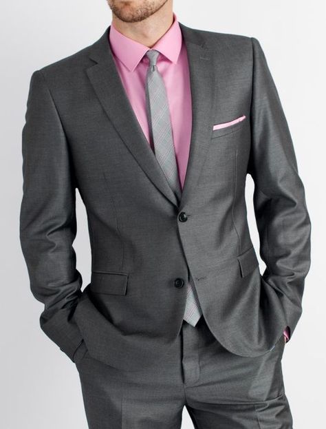 Mens Suits Uk, Mens Clothing Styles Modern Gentleman, Pink Shirt Outfit, Pink Shirt Men, Grey Tuxedo, Shirt Outfit Men, Pink Shirts, Shades Of Violet, Stylish Mens Fashion