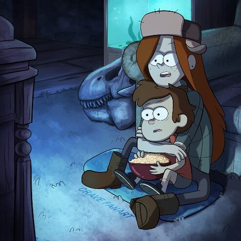 Wendy and Dipper. What are they watching? Dipper And Wendy, Monster Falls, Wendy Corduroy, Gravity Falls Dipper, Horror Movies Scariest, Desenhos Gravity Falls, Gravity Falls Au, Gravity Falls Fan Art, Dipper And Mabel