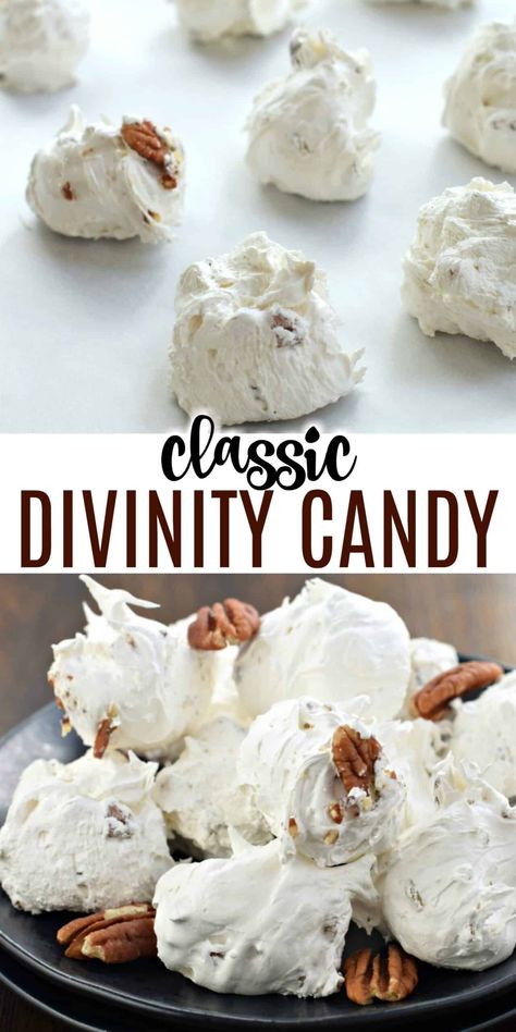 Divinity Candy is a Southern classic. Just one bite and you’ll be hooked on this chewy, soft vanilla treat packed with crunchy pecans! Divinity Recipe, Gooey Desserts, Holidays Treats, Divinity Candy, Salty Recipes, Shugary Sweets, Candy Recipes Homemade, Christmas Candy Recipes, Crunchy Pecans