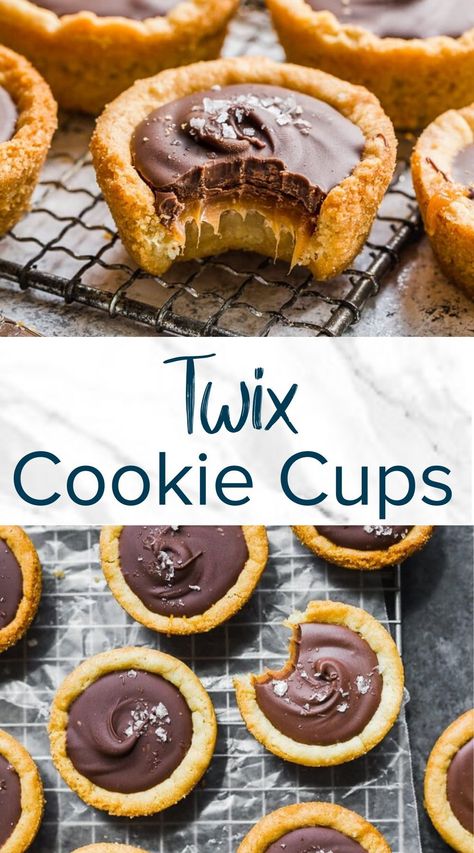 Cups Desserts, Layered Cookies, Twix Cookie, Cookie Cups Recipe, Mini Dessert Recipes, Sugar Cookie Crust, Twix Cookies, Buttery Shortbread Cookies, Dessert Bites