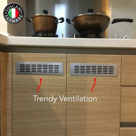 Installing a trendy ventilation plate (top photo) on your cabinet door is a good alternative to create ventilation inside your kitchen cabinet. This will ensure the air temperature inside the kitchen cabinet is not too warmer than the air temperature outside. Ask your Interior Designer for advice. Kitchen Cabinet Ventilation, Door Ventilation Design, Kitchen Ventilation Ideas, Cabinet Ventilation, Cloth Stand, Kitchen Sink Install, Massage Routine, Interior Design Exhibition, Under Kitchen Sink