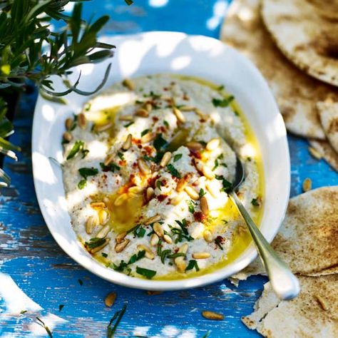 Moutabal (also known as baba ganoush) is made with aubergines, tahini, pine nuts and plenty of garlic. Moutabal Recipe, Baba Ganoush, Delicious Magazine, Lebanese Recipes, Raw Vegetables, Bbc Good Food Recipes, Middle Eastern Recipes, Tahini, Free Recipes