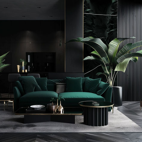 12 Colors That Go Well With Black Green Couch Black Wall, Black Couch Green Walls, Black Green Living Room, Black And Green Living Room Ideas, Black And Green Living Room, Emerald Green Couch, Couch Black, Black Couch, Black Couches