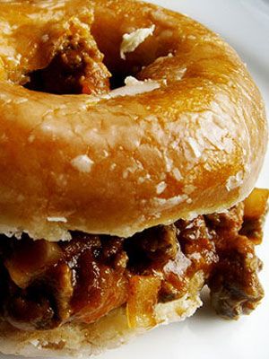 Daring Doughnut Sandwiches at WomansDay.com - Donut Sandwich - Woman's Day Savory Donuts, Bacon Meatloaf, Man Vs Food, Joe Recipe, Nut Recipes, Sloppy Joe, Doughnut Recipe, Krispy Kreme, Fair Food Recipes