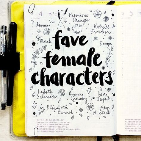 Journal page idea: list your  favorite female fictional characters Female Fictional Characters, Kunstjournal Inspiration, Smash Journal, Wreck This Journal, Smash Books, Diary Ideas, Bullet Journal Inspo, My Journal, Journals & Planners