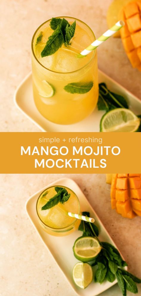 This simple and refreshing mango mojito mocktail is your new go-to Summer drink! Bursting with flavour from mango, mint and lime. Lime Mojito Mocktail, Mocktail Summer Drinks, Mango Mint Mojito, Pineapple Mojito Mocktail, Cosmo Mocktail Recipe, Mocktail Recipe Summer, Easy Virgin Drinks, Mango Mojito Mocktail, Fresh Juice Cocktails