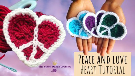 Crochet your very own heart with a peace sign! This is an adorable applique that you can add to your next project, or plan ahead for some crochet Valentine's! The free YouTube Tutorial will show you how to create this step by step! It's beginner friendly as well! Crochet Peace Sign, Peace Sign Applique, Heart Tutorial, Crochet Appliques, Yarn Patterns, Crochet Chicken, Scrap Yarn, Valentines Crochet, Applique Pattern