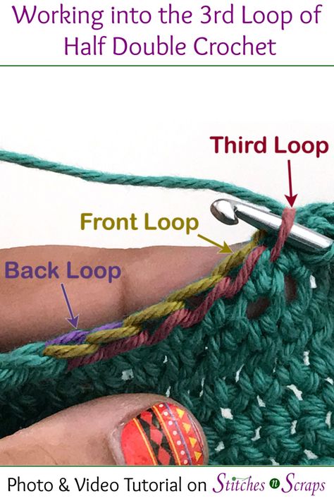 The half double crochet (hdc) stitch is unique because it has an extra, 3rd loop. Learn how to work into this 3rd loop, whether in rows or in rounds, in this free tutorial! #crochet #crochettutorial #thirdloop #3rdloop #halfdoublecrochet #3rdloophdc #tutorial #stitchesnscraps Crochet 3rd Loop, 3rd Loop Crochet, Hdc Back Loop Only, Third Loop Half Double Crochet, Third Loop Crochet, Crochet Third Loop, Crochet Hdc, Foundation Half Double Crochet, Half Double Crochet Stitch