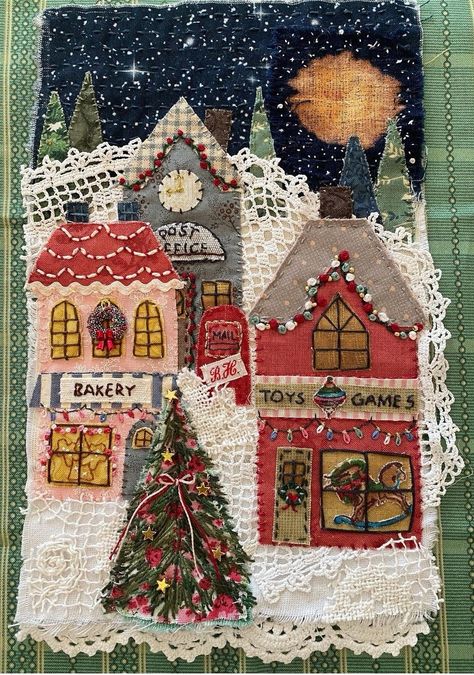 Slow Stitching Houses, Slow Stitch Christmas Cards, Christmas Textile Art, Christmas Fabric Collage, Christmas Village Quilt, Christmas Wall Hangings Ideas, Slow Stitching Christmas Ideas, Christmas Slow Stitching, Christmas Slow Stitching Ideas