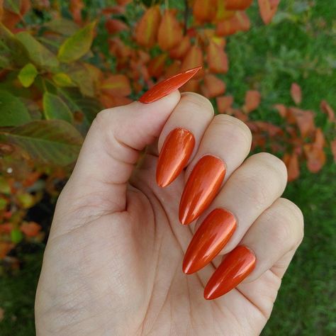 Almond Nails Fall, Black Chrome Nails, Purple Chrome Nails, Long Red Nails, Nails Hand Painted, Nails Orange, Nails Fall Nails, Orange Nail Designs, Sally Hansen Nails