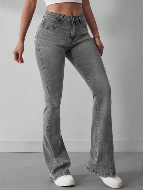 Flared Jeans With Washed Effect Light Grey Casual   Denim Plain Flare Leg High Stretch  Women Clothing, size features are:Bust: ,Length: ,Sleeve Length: