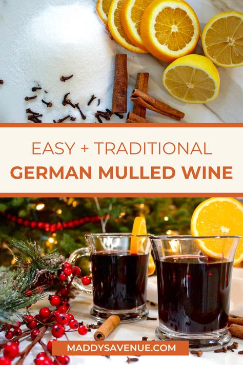 Feeling festive? Glühwein is a traditional German alcoholic beverage that tastes just like Christmas. It's mulled red wine, infused with cloves, cinnamon, star anis, and citrus. (And brandy, if you're feeling bold!) This traditional German glühwein recipe is perfect for holiday parties, or simply sitting by the fireplace. If you have 20 minutes to spare, and some typical pantry ingredients, you'll be sipping on your own hot, spiced wine in no time! Spiced Red Wine, Hot Red Wine Recipe, Mulled Wine Spice Recipe, Wine Mulling Spice Recipe, Gluhwein Recipe Germany, German Gluhwein Recipe, Christmas Mulled Wine Recipe, Mulled Cider Wine, Hot Spiced Wine