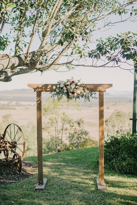 Simple rustic country outdoor wedding ceremony with wooden arbour and flowers | Sophie Baker Photography Landscape Arbor, Wooden Arbour, Country Outdoor Wedding, Trumpet Vines, Wedding Landscape, Arbor Ideas, Wedding Arch Ideas, Simple Coat, Metal Vinyl