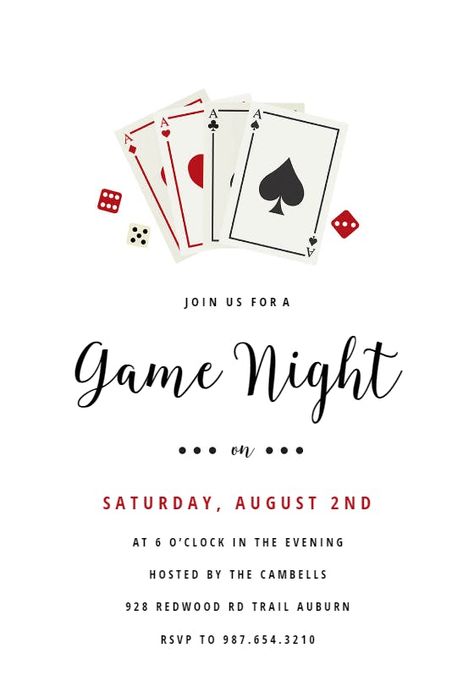 Game Night Invitation, Playing Card Invitation, Game Night Party, 21 Party, Game Night Parties, Diwali Cards, Games Night, Poker Party, Ursula Andress