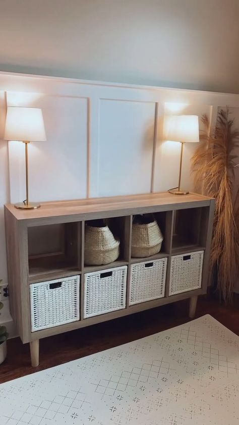 Cubby system hack! #ikea #ikeahack #cubbymakeover #diyprojects #playroomidea #walmartfinds #betterhomesandgardens #homedepot #roommakeover @walmart Cube Storage Behind Sofa, Cube Shelf Entryway Ideas, Diy Cube Organizer Makeover, Cube Storage Dresser, Cubby Dresser, Cube Entertainment Center, Ikea Cube Storage Makeover, Cubby Storage Makeover Diy, 6 Cube Storage Ideas