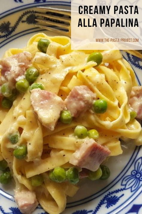 Pasta alla Papalina is a creamy pasta recipe from Rome named after Pope Pius XII, who was the inspiration behind its invention. Usually made with fettuccine, this dish is super simple to make and a great way to use up leftover ham! This traditional recipe made with peas, ham, eggs, cream and parmigiano is amazingly tasty and perfect for Easter or Spring meals. #creamypasta #traditionalpasta #italianpasta #hamrecipe #easterrecipe #thepastaproject Ham Peas And Pasta, Pasta With Ham, Recipes With Cooked Ham, Ham And Peas, Traditional Italian Pasta, Creamy Cheesy Pasta, Ham Pasta, Fettuccine Recipes, Cooked Ham