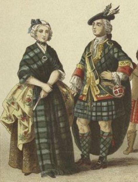 English And Scottish Dress, 18th Century. [Illustration created in the 19th century by  Albert Kretschmer (1825-1891)].  Printed on border: "Scotch: 11. Lady of rank ; 12. Highland gentleman." 1700s Scottish Fashion, 18th Century Scottish Dress, Highland Fashion, Scottish Clothes, Mountain Man Clothing, Scottish Costume, Scottish Dress, Outlander Costumes, Scottish Clothing