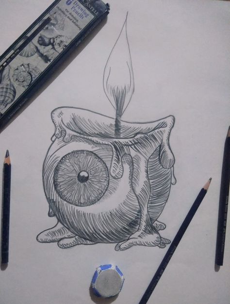 sketching__eye ball candle __ You can visit my page on instagram on @anshi.vardhan Candle Eye Drawing, Eyeball Candle Drawing, Eye Ball Drawings, Weird Core Sketches, Eye Ball Reference, Eye Balls Drawing, Eye Ball Tattoos, Horror Eyes Drawing, Eye Ball Sketch