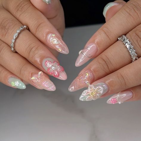 𓆤 the fairycore combo 🦋 custom design on Medium Almond Gelx 🧚🏻 #nailinspo #naildesign #fairycorenails #gardennails #nailart #3dflowernails Fairy Garden Nails, Fairycore Nails, Garden Nails, Nail Store, 3d Flower Nails, Medium Almond, Fairy Core, Wedding Nails, Quince