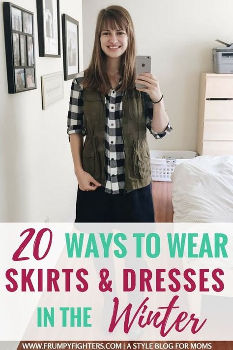 Fight the mom frump in winter too! Here are some outfit ideas for wearing skirts and dresses when it's cold. These looks are #momlife friendly and so cozy for both staying at home or going on errands. Look like a chic mom despite the cold this fall and winter! #winter #fall #moms #outfits #ideas #fashion #style #stayathome Apostolic Capsule Wardrobe, Apostolic Winter Outfits, Apostolic Fashion Fall, Fall Leggings Outfit, Opiumcore Outfits, Capsules Wardrobe, Black Leggings Outfit Fall, Dresses In The Winter, Casual Dinner Outfit Fall