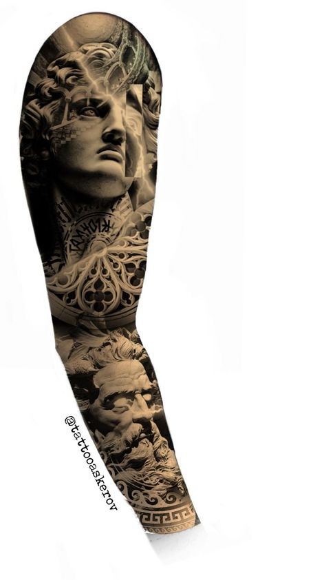 Realistic Tattoo Design, Angel Sleeve Tattoo, Samurai Tattoo Sleeve, Gladiator Tattoo, Garter Tattoo, Stone Tattoo, Filigree Tattoo, Full Sleeve Tattoo Design, Greek Mythology Tattoos