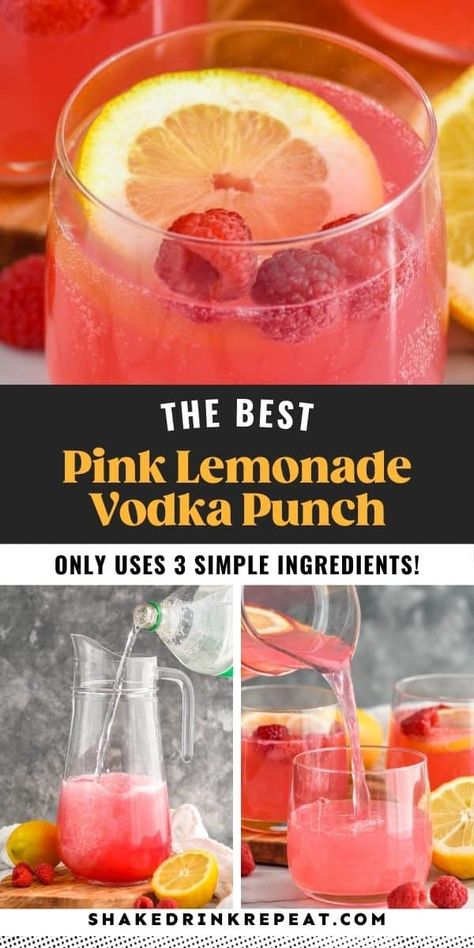 Take your summer beverages to the next level with this tasty Pink Lemonade Vodka Punch. Made with just three ingredients, this refreshing pink drink recipe whips up in a snap and can be stretched to please a crowd. Pink Drinks Alcohol Tequila, Pink Lemonade Mixed Drink, Girly Mixed Drinks Easy, Lemonade Cocktails For A Crowd, Pink Lemonade Vodka Punch, Pink Alcohol Punch, Fun Mixed Drinks Alcohol Girls Night, Pink Punch Alcoholic, Lemon Drop Punch