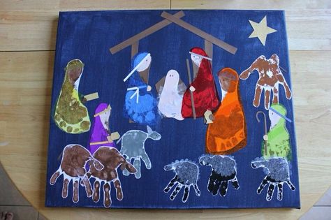 Nativity made with handprints and footprints. Tissue paper clothes ... Handprint Crafts For Kids, Christmas Handprint Crafts, Christmas Handprint, Paper Clothes, Footprint Crafts, Hand Prints, Handprint Craft, Footprint Art, Handprint Crafts