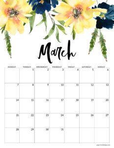 March 2023 Calendar, Free Birthday Banner, Printable Calendar Design, Paper Trail Design, Printable Calendar Pages, Free Printable Calendar Templates, Floral Calendar, Trail Design, Doodle Frame